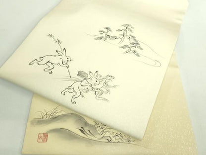 平和屋着物●極上　塩瀬　九寸名古屋帯　作家物　手描き　鳥獣戯画　逸品　DZAB1830kh6