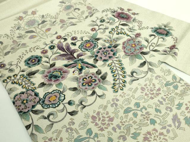 平和屋着物●極上　本塩沢　九寸名古屋帯　更紗花鳥文　金彩　逸品　DZAB1831kh6