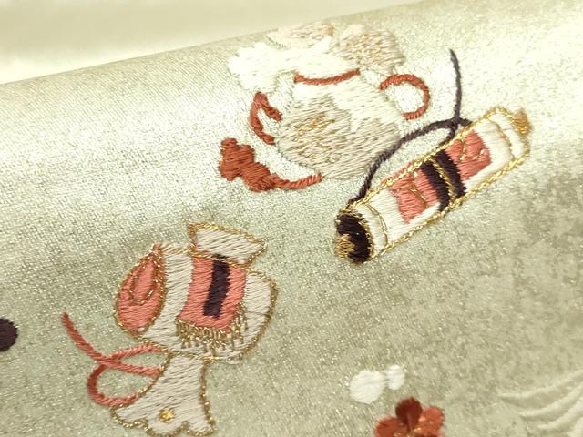 平和屋着物●極上　太鼓柄袋帯　総刺繍　飛鶴宝尽くし　金糸　逸品　DZAB1845kh6