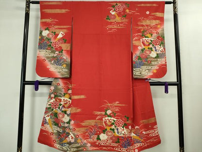 平和屋本店[]極上　七五三　女の子　7歳　祝着・襦袢(無双仕立て・半衿刺繍)・袋帯　3点セット　檜扇鴛鴦花文　金彩　逸品　DZAB1852kh6