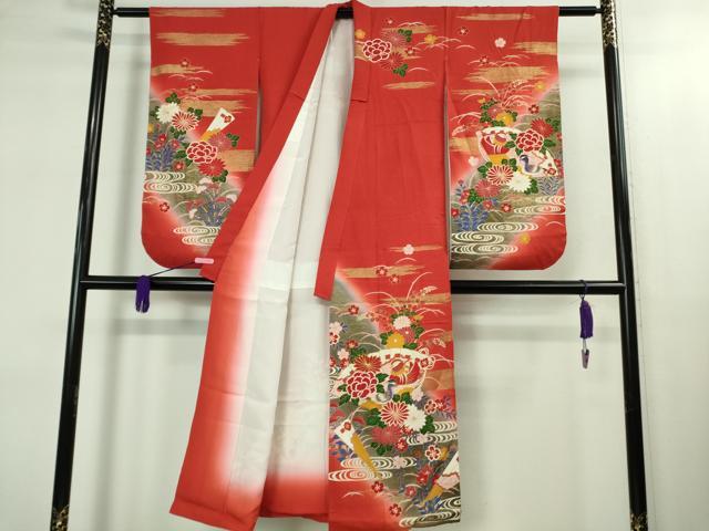 平和屋本店[]極上　七五三　女の子　7歳　祝着・襦袢(無双仕立て・半衿刺繍)・袋帯　3点セット　檜扇鴛鴦花文　金彩　逸品　DZAB1852kh6