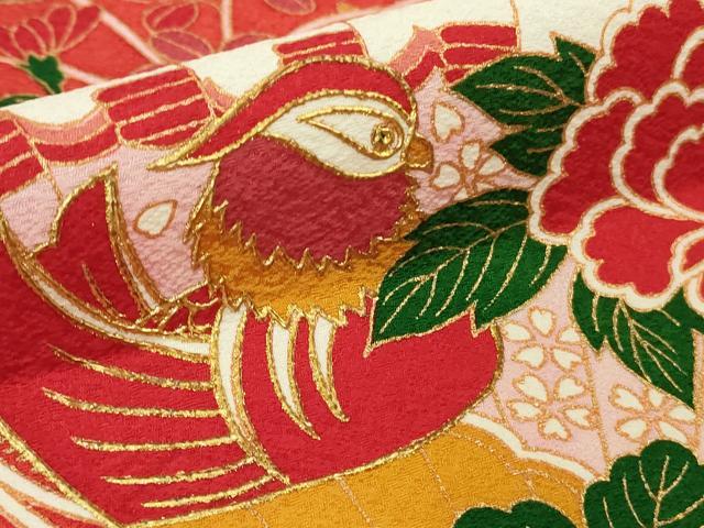 平和屋本店[]極上　七五三　女の子　7歳　祝着・襦袢(無双仕立て・半衿刺繍)・袋帯　3点セット　檜扇鴛鴦花文　金彩　逸品　DZAB1852kh6