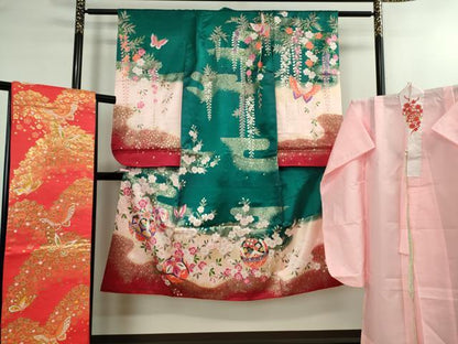 平和屋本店[]極上　七五三　女の子　7歳　祝着・襦袢(単衣・半衿刺繍)・袋帯　3点セット　舞蝶毬文　金彩　逸品　DZAB1855kh6