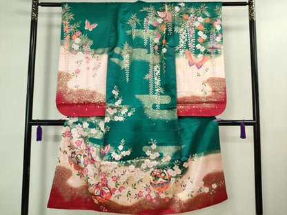 平和屋本店[]極上　七五三　女の子　7歳　祝着・襦袢(単衣・半衿刺繍)・袋帯　3点セット　舞蝶毬文　金彩　逸品　DZAB1855kh6