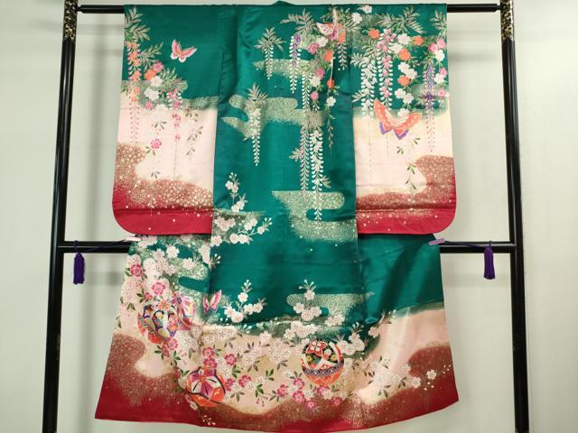 平和屋本店[]極上　七五三　女の子　7歳　祝着・襦袢(単衣・半衿刺繍)・袋帯　3点セット　舞蝶毬文　金彩　逸品　DZAB1855kh6