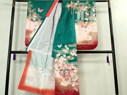 平和屋本店[]極上　七五三　女の子　7歳　祝着・襦袢(単衣・半衿刺繍)・袋帯　3点セット　舞蝶毬文　金彩　逸品　DZAB1855kh6