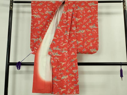 平和屋本店■極上　七五三　女の子　3歳　祝着・襦袢(半衿刺繍)・袋帯・小物セット　飛鶴松花文　鬼しぼ縮緬　逸品　DZAB1856kh5