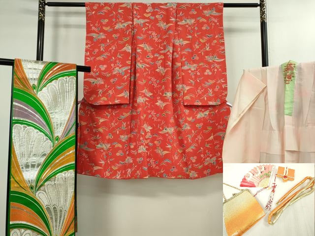 平和屋本店■極上　七五三　女の子　3歳　祝着・襦袢(半衿刺繍)・袋帯・小物セット　飛鶴松花文　鬼しぼ縮緬　逸品　DZAB1856kh5