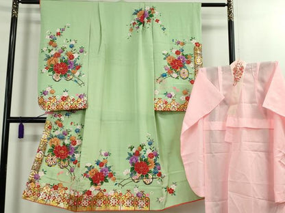 平和屋本店[]極上 七五三 女の子 7歳 祝着・襦袢(単衣・半衿刺繍)セット 花車 金彩 逸品 DZAB1862kh6