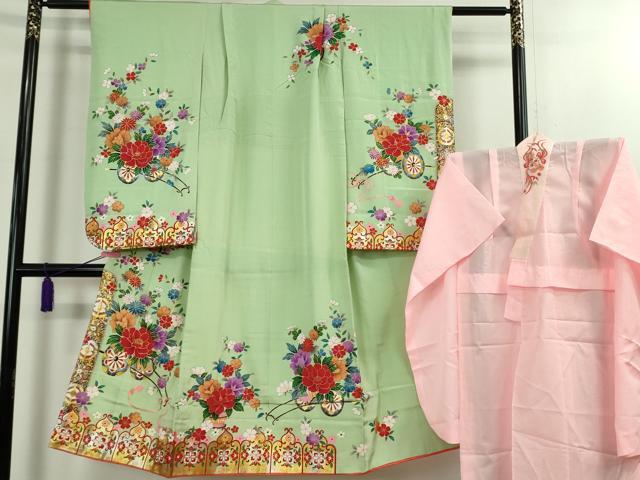 平和屋本店[]極上 七五三 女の子 7歳 祝着・襦袢(単衣・半衿刺繍)セット 花車 金彩 逸品 DZAB1862kh6
