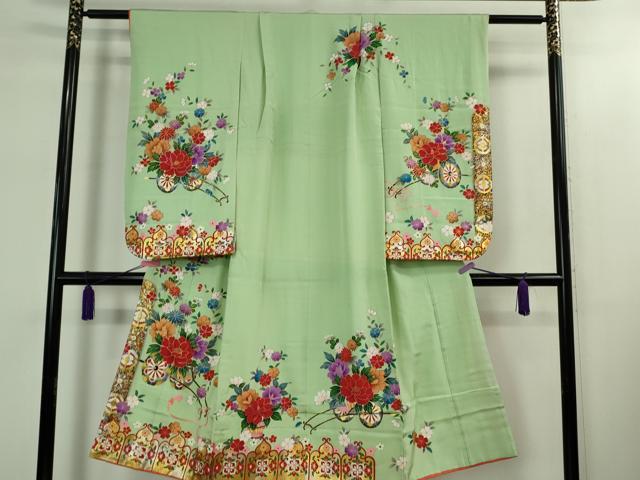 平和屋本店[]極上 七五三 女の子 7歳 祝着・襦袢(単衣・半衿刺繍)セット 花車 金彩 逸品 DZAB1862kh6