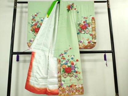 平和屋本店[]極上 七五三 女の子 7歳 祝着・襦袢(単衣・半衿刺繍)セット 花車 金彩 逸品 DZAB1862kh6
