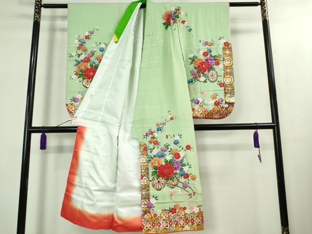 平和屋本店[]極上 七五三 女の子 7歳 祝着・襦袢(単衣・半衿刺繍)セット 花車 金彩 逸品 DZAB1862kh6