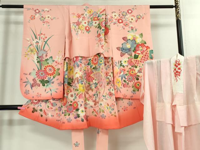 平和屋本店■極上　七五三　女の子　3歳　祝着・襦袢(半衿刺繍)・袋帯・小物セット　飛鶴松花文　鬼しぼ縮緬　逸品　DZAB1856kh5
