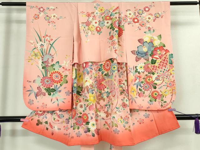 平和屋本店■極上　七五三　女の子　3歳　祝着・襦袢(半衿刺繍)・袋帯・小物セット　飛鶴松花文　鬼しぼ縮緬　逸品　DZAB1856kh5