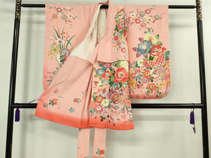 平和屋本店■極上　七五三　女の子　3歳　祝着・襦袢(半衿刺繍)・袋帯・小物セット　飛鶴松花文　鬼しぼ縮緬　逸品　DZAB1856kh5
