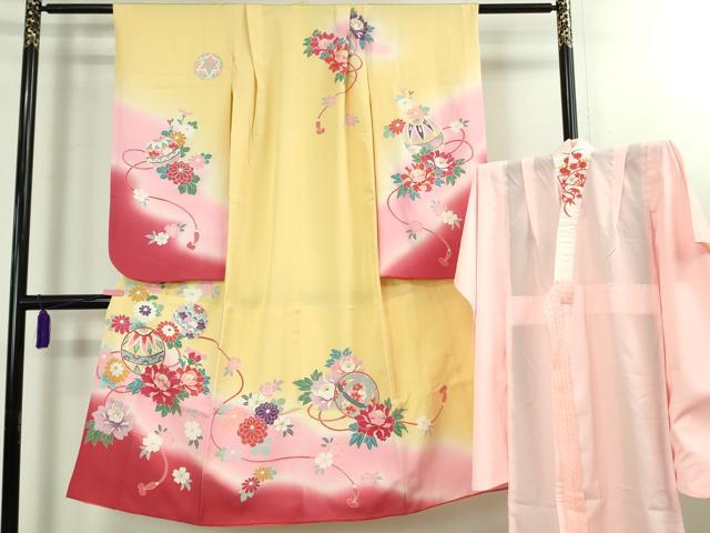 平和屋本店■極上　七五三　女の子　3歳　祝着・襦袢(半衿刺繍)・袋帯・小物セット　飛鶴松花文　鬼しぼ縮緬　逸品　DZAB1856kh5
