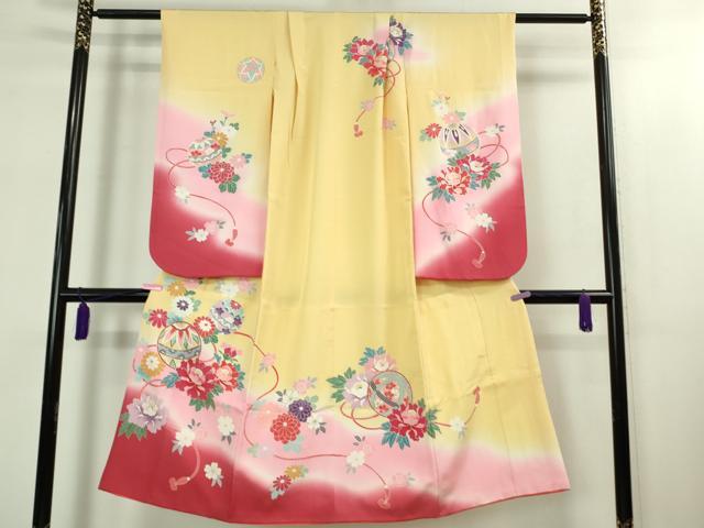 平和屋本店■極上　七五三　女の子　3歳　祝着・襦袢(半衿刺繍)・袋帯・小物セット　飛鶴松花文　鬼しぼ縮緬　逸品　DZAB1856kh5