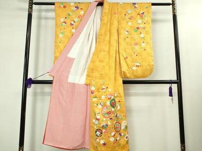 平和屋本店[]極上　創業460年・千總　七五三　女の子　7歳　祝着・袋帯セット　花丸文　金彩　逸品　DZAB1868kh6