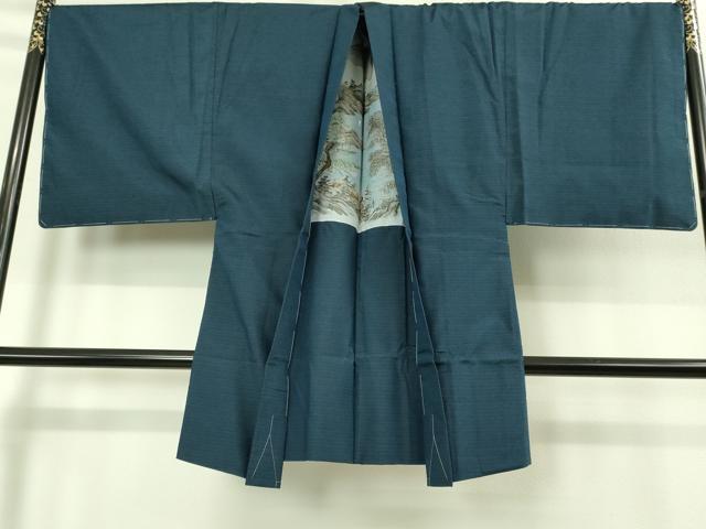 平和屋着物■極上　男性 紬 アンサンブル キングサイズ 長羽織・長襦袢(無双仕立て)セット 色無地 濃鉄御納戸色 逸品　未使用　DZAB1877kh6
