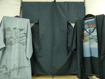平和屋着物■極上　男性　紬　アンサンブル　キングサイズ　長襦袢(無双仕立て)・長羽織　色無地　濃い藍鉄色　逸品　DZAB1883kh6