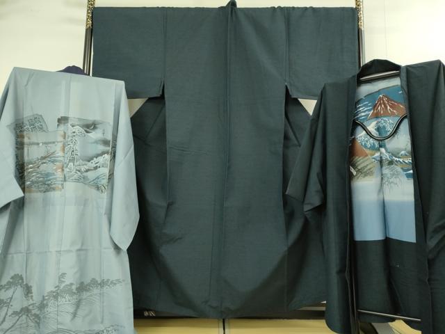 平和屋着物■極上　男性　紬　アンサンブル　キングサイズ　長襦袢(無双仕立て)・長羽織　色無地　濃い藍鉄色　逸品　DZAB1883kh6