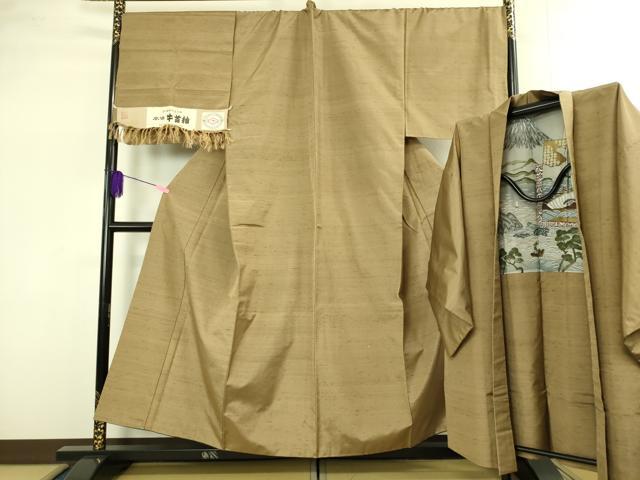 平和屋本店●極上　男性 石川県指定無形文化財 牛首紬 白山工房 手織 アンサンブル キングサイズ 朽葉色 証紙付き 逸品 未使用 DZAB1885kh6
