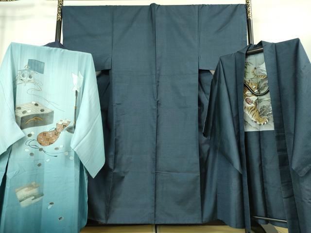 平和屋着物■極上　男性　本場大島紬　アンサンブル　長襦袢(無双仕立て)・長羽織セット　100亀甲　総詰め　羽裏・虎　逸品　DZAB1900kh6