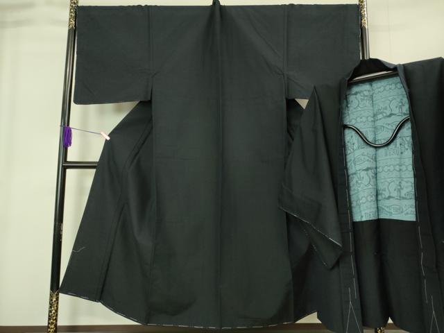 平和屋着物■極上　男性　紬　アンサンブル　キングサイズ　長羽織　黒地　羽裏・壁画文様　逸品　未使用　DZAB1901kh6