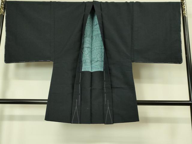 平和屋着物■極上　男性　紬　アンサンブル　キングサイズ　長羽織　黒地　羽裏・壁画文様　逸品　未使用　DZAB1901kh6