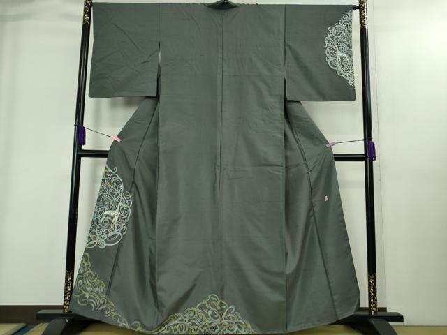 平和屋着物●極上　訪問着　白山紬　作家物　獣唐草文　藍墨茶色地　逸品　DZAB1905kh6