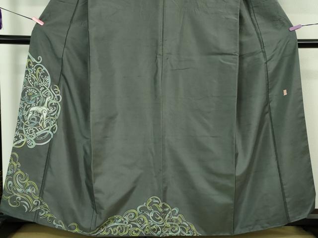 平和屋着物●極上　訪問着　白山紬　作家物　獣唐草文　藍墨茶色地　逸品　DZAB1905kh6
