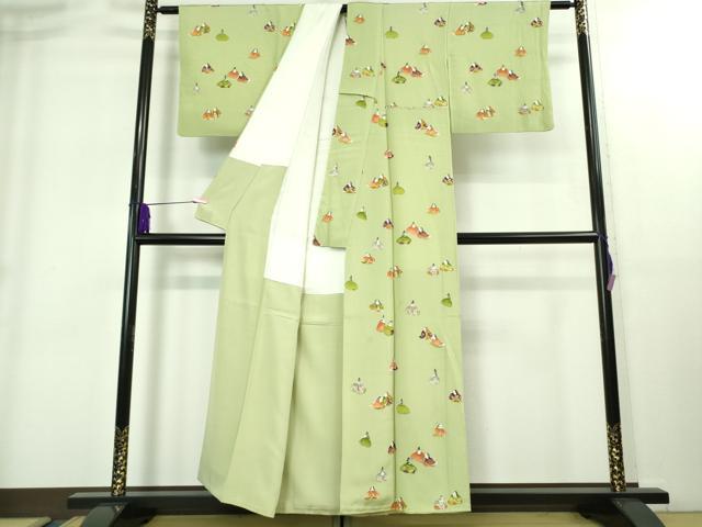 平和屋本店●極上　銀座　志ま亀　小紋　平安人物　鬼しぼ縮緬　裏葉柳色地　たとう紙付き　逸品　DZAB1908kh6