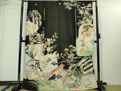 平和屋本店＊極上 夏物 アンティーク 大正ロマン 振袖 絽袷 枝垂れ柳風景花文 黒地 暈し染め 逸品 DZAB1937kh6
