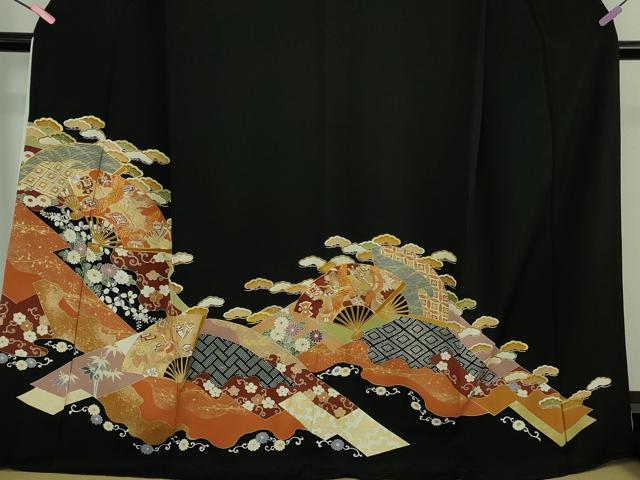 平和屋本店●極上　創業460年・千總　黒留袖　駒刺繍　扇面鳳凰吉祥花文　金彩　逸品　DZAB1969kh6