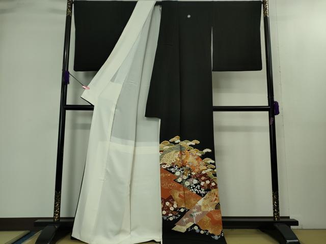 平和屋本店●極上　創業460年・千總　黒留袖　駒刺繍　扇面鳳凰吉祥花文　金彩　逸品　DZAB1969kh6