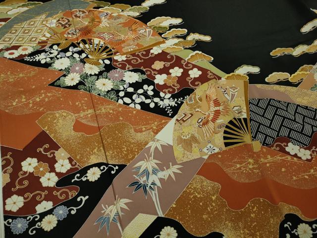 平和屋本店●極上　創業460年・千總　黒留袖　駒刺繍　扇面鳳凰吉祥花文　金彩　逸品　DZAB1969kh6