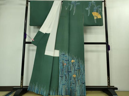 平和屋本店●極上　人間国宝　五代　田畑喜八　訪問着　駒刺繍　杜若　青碧色地　金彩　逸品　DZAB1970kh6