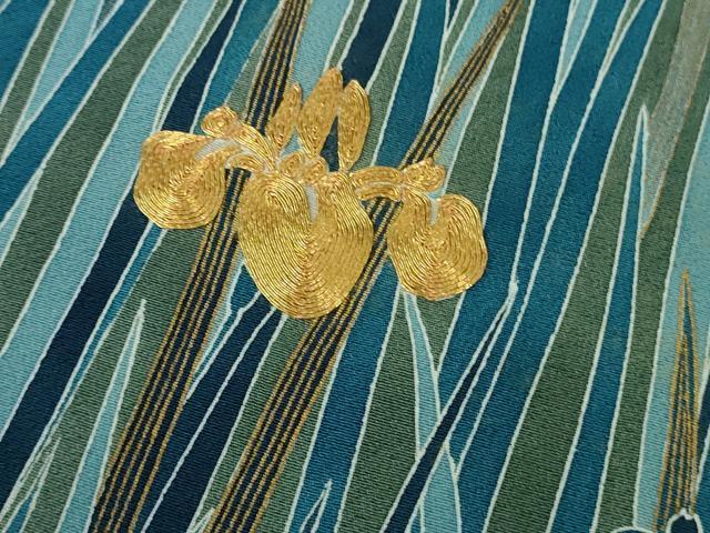 平和屋本店●極上　人間国宝　五代　田畑喜八　訪問着　駒刺繍　杜若　青碧色地　金彩　逸品　DZAB1970kh6