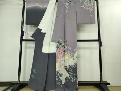 平和屋本店●極上　本加賀友禅作家　稲手明仁　訪問着　藤花に鳥　反端付き　逸品　未使用　DZAB1974kh6