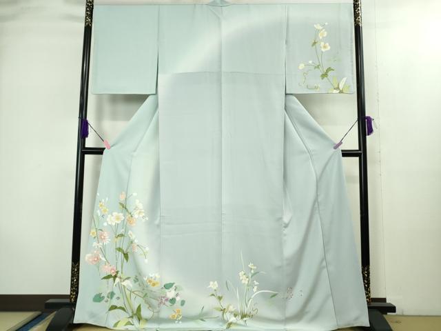 平和屋着物●極上　訪問着　南天草花文　月白色地　暈し染め　金彩　逸品　DZAB1978kh6