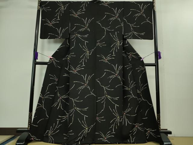 平和屋着物●極上　小紋　松葉　黒地　金彩　逸品　DZAB1981kh6