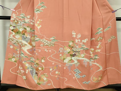 平和屋本店●極上　創業460年・千總　訪問着　駒刺繍　御所車吉祥花文　東雲色地　金彩　高島屋扱い　逸品　DZAB1986kh6