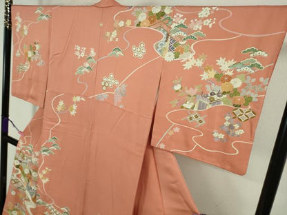 平和屋本店●極上　創業460年・千總　訪問着　駒刺繍　御所車吉祥花文　東雲色地　金彩　高島屋扱い　逸品　DZAB1986kh6