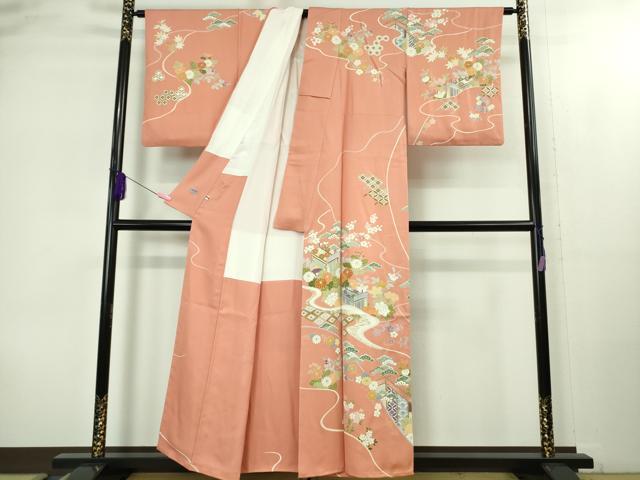 平和屋本店●極上　創業460年・千總　訪問着　駒刺繍　御所車吉祥花文　東雲色地　金彩　高島屋扱い　逸品　DZAB1986kh6