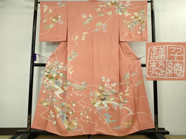 平和屋本店●極上　創業460年・千總　訪問着　駒刺繍　御所車吉祥花文　東雲色地　金彩　高島屋扱い　逸品　DZAB1986kh6