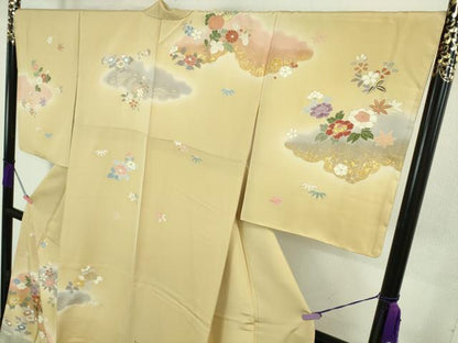 平和屋本店●極上 創業460年・千總　訪問着・長襦袢(無双仕立て)セット 駒刺繍 吉祥花文 丁子色地 暈し染め 金彩 逸品 未使用　DZAB1987kh6