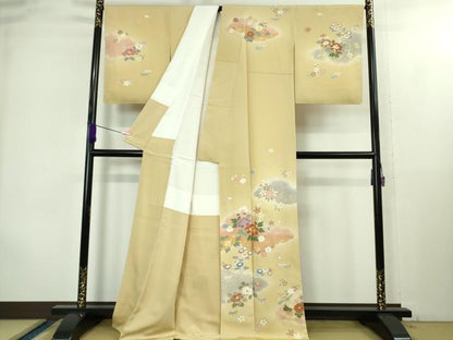 平和屋本店●極上 創業460年・千總　訪問着・長襦袢(無双仕立て)セット 駒刺繍 吉祥花文 丁子色地 暈し染め 金彩 逸品 未使用　DZAB1987kh6