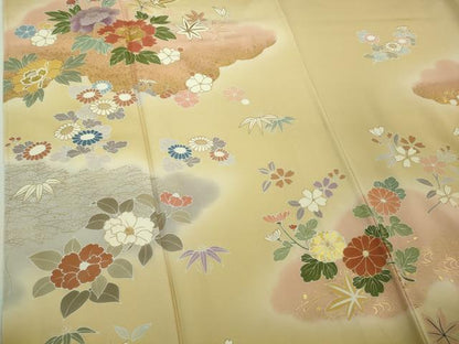 平和屋本店●極上 創業460年・千總　訪問着・長襦袢(無双仕立て)セット 駒刺繍 吉祥花文 丁子色地 暈し染め 金彩 逸品 未使用　DZAB1987kh6