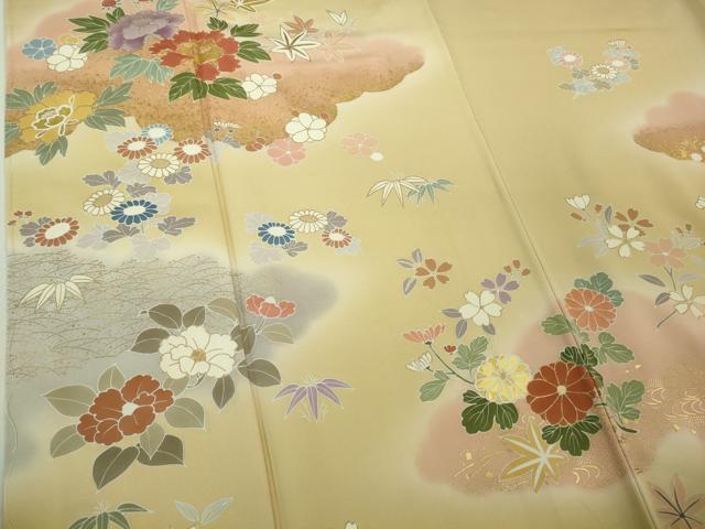 平和屋本店●極上 創業460年・千總　訪問着・長襦袢(無双仕立て)セット 駒刺繍 吉祥花文 丁子色地 暈し染め 金彩 逸品 未使用　DZAB1987kh6